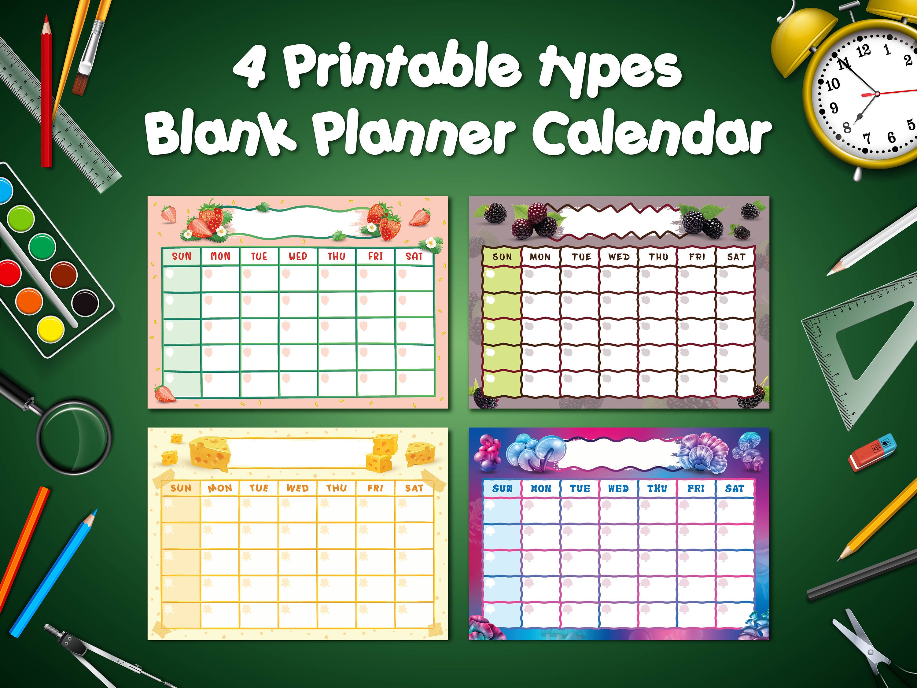 4 Printable Types Blank Calendar, Digital Monthly Planner, Blank ...