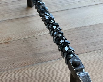 Large dragon scale hand forged handle - blacksmith rustic medieval artisan barn entrance door or outdoor gate pulls made on anvil and hammer