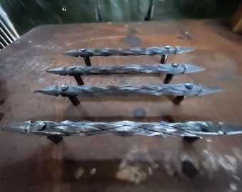 Large hand forged Pineapple twist handle - blacksmith rustic artisan barn entrance door or outdoor gate pulls made on anvil and hammer