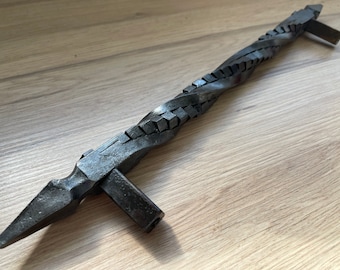 Large hand forged rubik twist handle - blacksmith rustic medieval artisan barn entrance door or outdoor gate pulls made on anvil and hammer