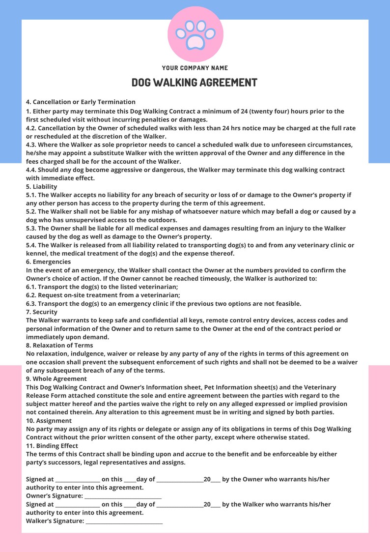 Dog Walking Consent Form Business Starter Kit Dog Printable Template