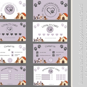 dog grooming business card. Dog salon appointment card. Dog walking loyalty card. Dog business card pack