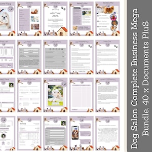 Op de afbeelding: Een set printbare documenten voor een hondenkapsalon. De documenten omvatten een welkomstpakket, een prijslijst, een rapportkaart, een puppy-voorbereidingshandleiding, een factuur, een certificaat en meer. De documenten zijn ontworpen met een paars en wit kleurenschema en bevatten schattige hondenillustraties.