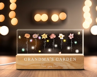 Luz nocturna de grado de la abuela personalizada, flor personalizada del mes de nacimiento, regalo del día de la madre, regalo para la abuela, regalo para mamá, luz LED personalizada