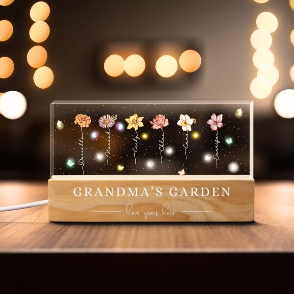 Luz nocturna de grado de la abuela personalizada, flor personalizada del mes de nacimiento, regalo del día de la madre, regalo para la abuela, regalo para mamá, luz LED personalizada