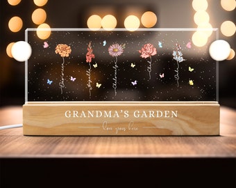 Veilleuse personnalisée pour grand-mère, fleur personnalisée pour le mois de naissance, cadeau fête des mères, cadeau pour grand-mère, cadeau pour maman, lumière LED personnalisée