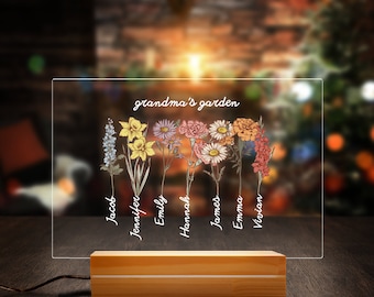 Personalized Grandma's Garden LED Light, Mothers Day Gift For Grandma Custom Night Light Customized Birth Month Acrylic Plaque Birthday Gift