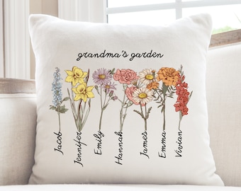 Personalized Grandma's Garden Pillow, Custom Birth Flower Pillow, Grandmas Garden Pillow with Grandkids, Christmas Gift, Gift for Grandma