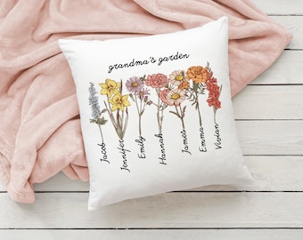 Personalized Grandma's Garden Pillow, Custom Birth Flower Pillow, Grandmas Garden Pillow with Grandkids, Christmas Gift, Gift for Grandma