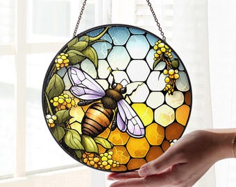 Honey Bee Stained Glass, Bee Suncatcher, Bee Window Hanging, Glass Art, In Door Decoration, Kitchen Decoration, Gift for Mom, Teacher Gift