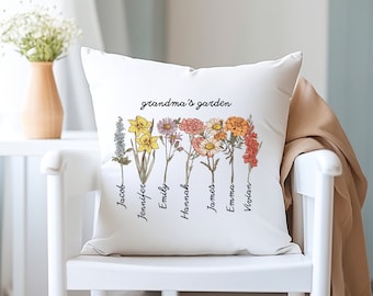 Custom Grandma's Garden Pillow, Personalized Birth Flower Pillow, Grandmas Garden Pillow with Grandkids, Christmas Gift, Gift for Grandma