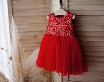 Little Girl Party Dress, Toddler Birthday Dress, Red Party Dress for Toddler, Party Dress With Tulle and Glitter, Little Girl Red Dress