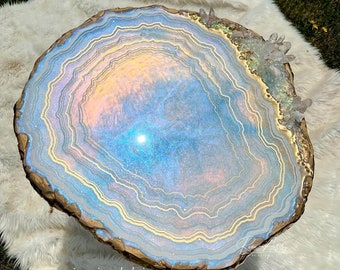 Angel Aura Opal Agate Geode Crystal Quartz Resin Side Coffee Table- Custom Size & Colors Made to Order