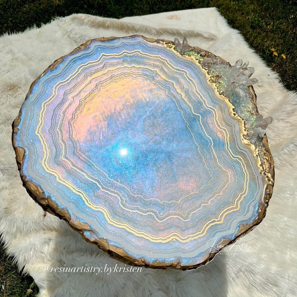 Angel Aura Opal Agate Geode Resin Side or Coffee Table, Handmade to Order with Authentic Crystals