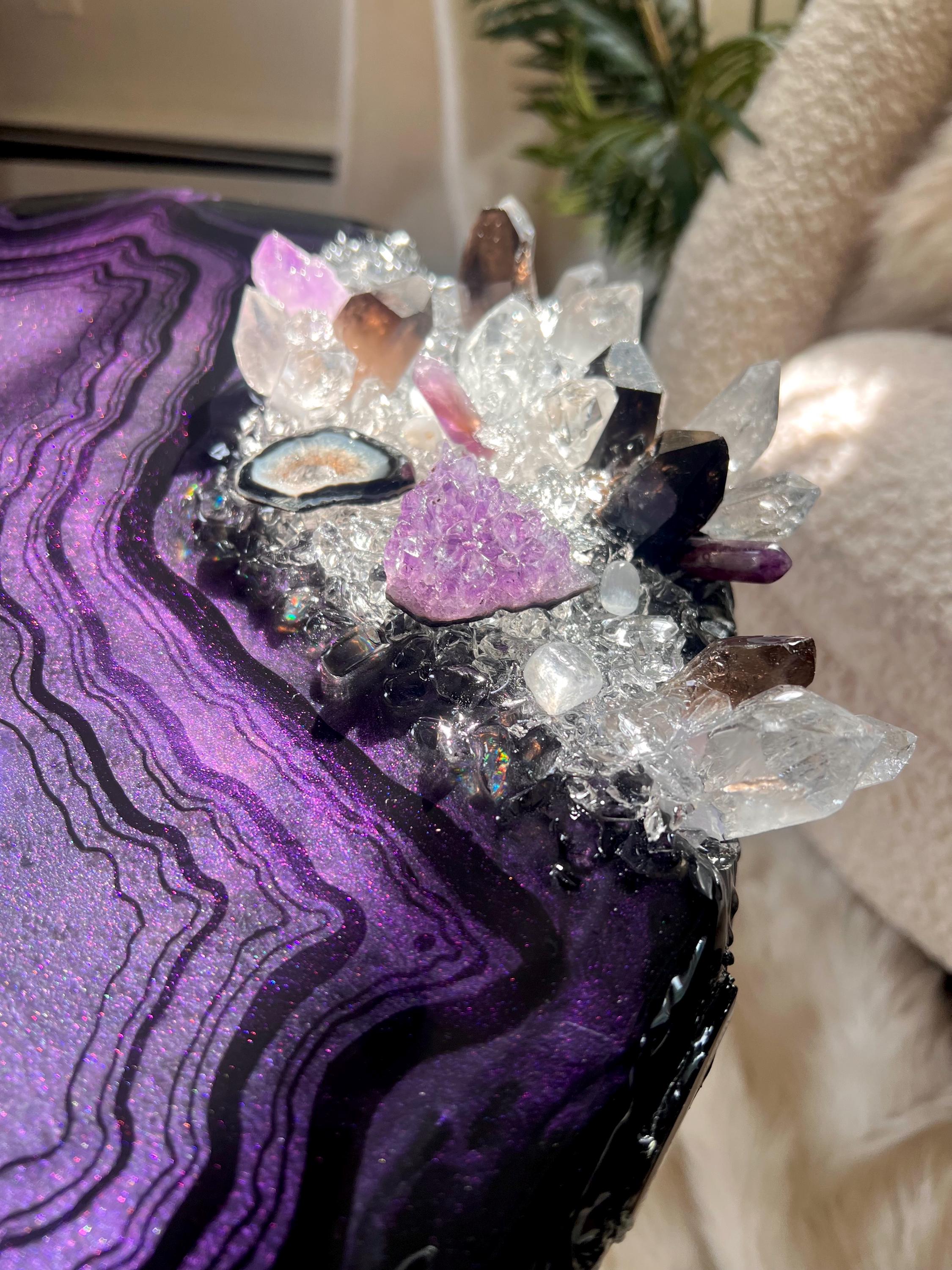 Opal Amethyst Agate Geode Side or Coffee Table With Authentic