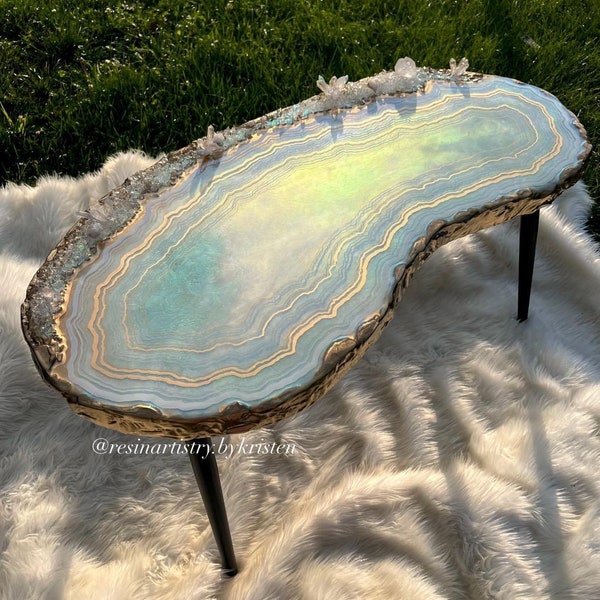 Opal Quartz Agate Geode Crystal Quartz Kidney Shape Resin Coffee Table- Custom Size & Colors Made to Order