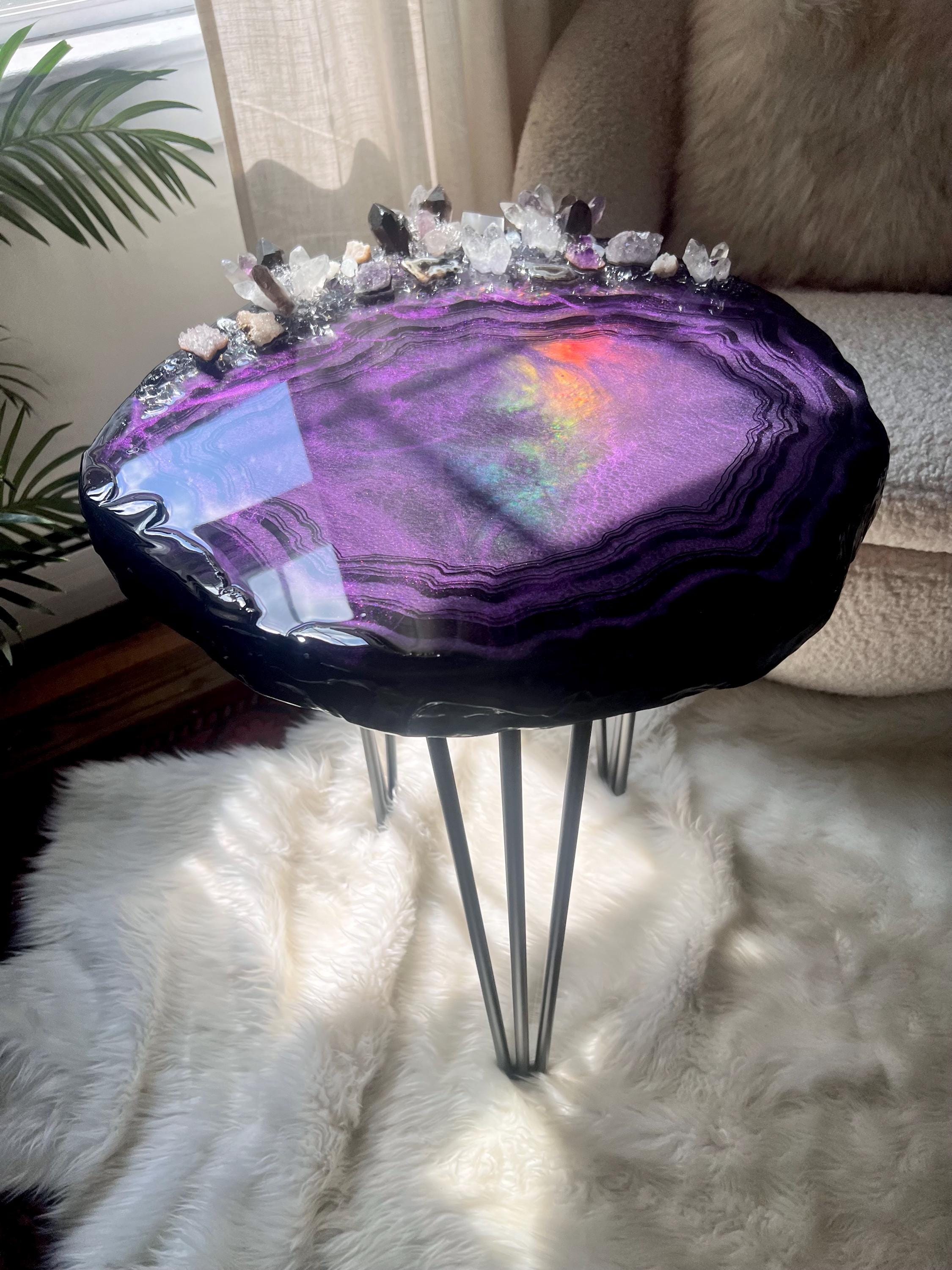 Amethyst Opal Rainbow Geode Resin Side or Coffee Table With Real