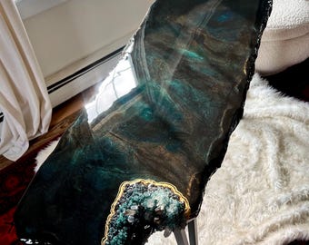 Emerald Labrodorite Resin Handmade Sofa, Entryway, Console Table with Real Crystals | Orginal Piece Available