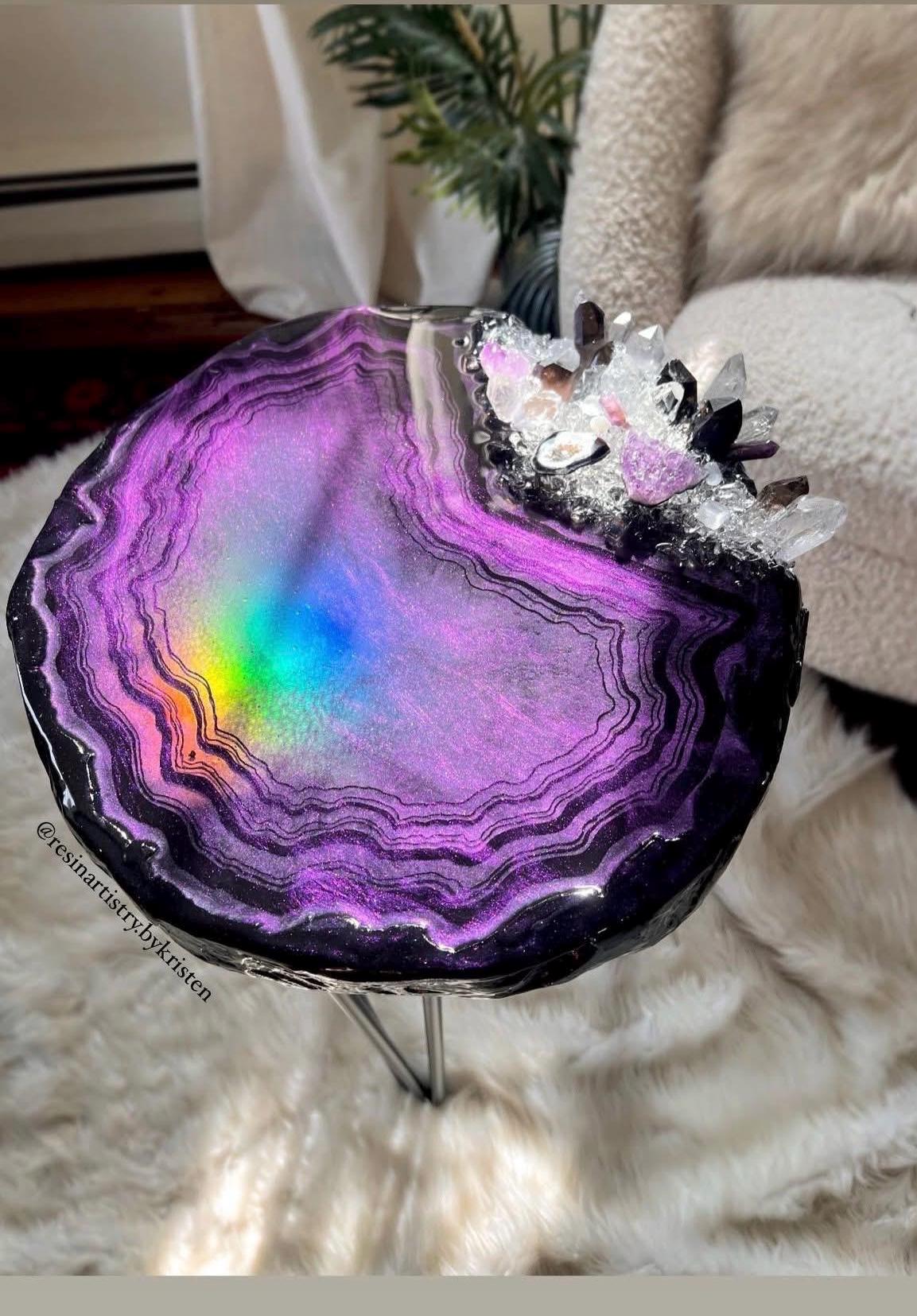 Opal Amethyst Agate Geode Side or Coffee Table With Authentic