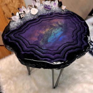 Amethyst Opal Rainbow Flash Geode Resin Side or Coffee Table, Made to Order with Authentic Crystals