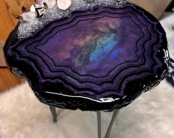 Amethyst Opal Rainbow Flash Geode Resin Side or Coffee Table, Made to Order with Authentic Crystals
