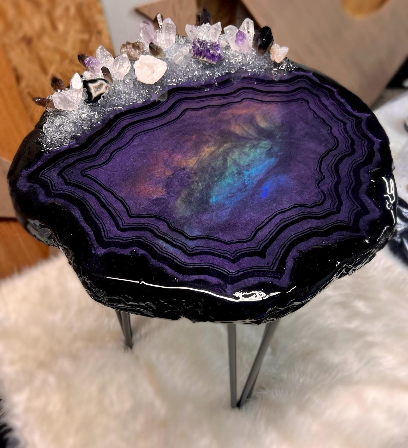 Amethyst Opal Rainbow Flash Geode Resin Side or Coffee Table, Made