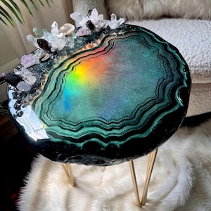 Emerald Green Opal Resin Side or Coffee Table Made to Order with Real Crystals, Quartz, Fluorite, Amethyst