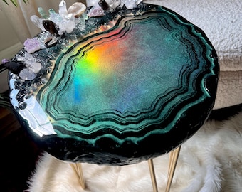 Emerald Green Opal Resin Side or Coffee Table Made to Order with Real Crystals, Quartz, Fluorite, Amethyst