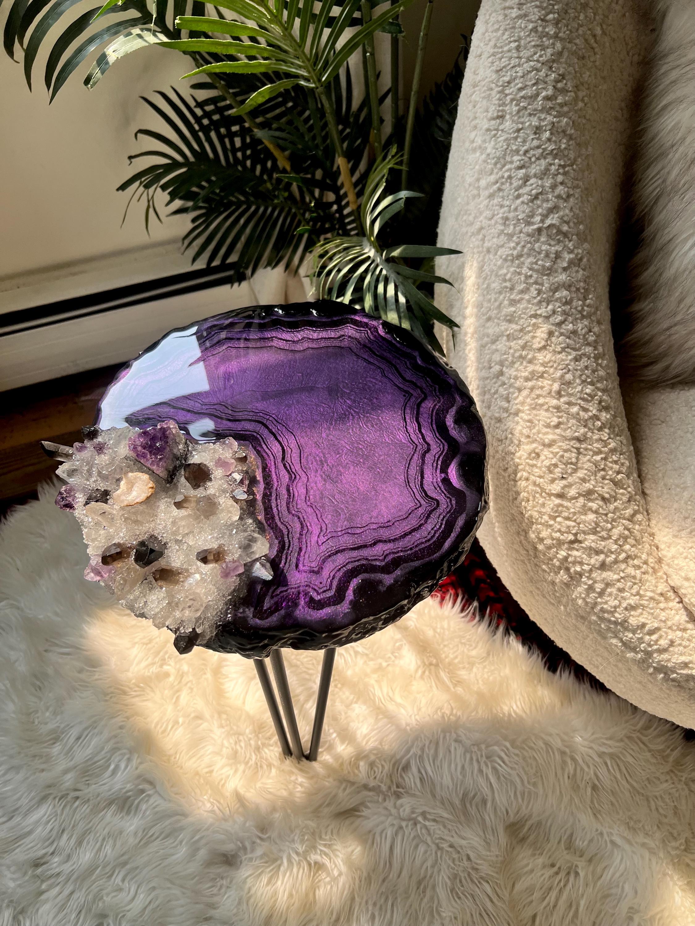 Amethyst Opal Agate Rainbow Geode Side or Coffee Table With Real