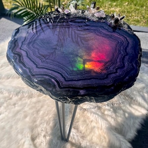 Dark Amethyst Opal Agate Geode Crystal Quartz Resin Side Coffee Table- Custom Size & Colors Made to Order