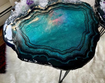 Emerald Opal Side or Coffee Table with Real Crystals, Quartz, Fluorite, Amethyst