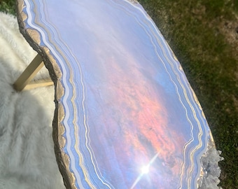 Violet Blue Opal Geode Vanity Desk, Table with Crystals, Amethyst, Selenite - Made to Order