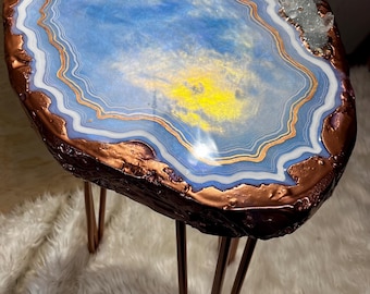 Blue Opal Copper Geode Side or Coffee Table with Real Crystals - Hand Made to Order