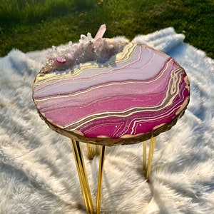 Handmade Rose Quartz Authentic Crystals Geode Side Table | Custom Resin Accent Furniture