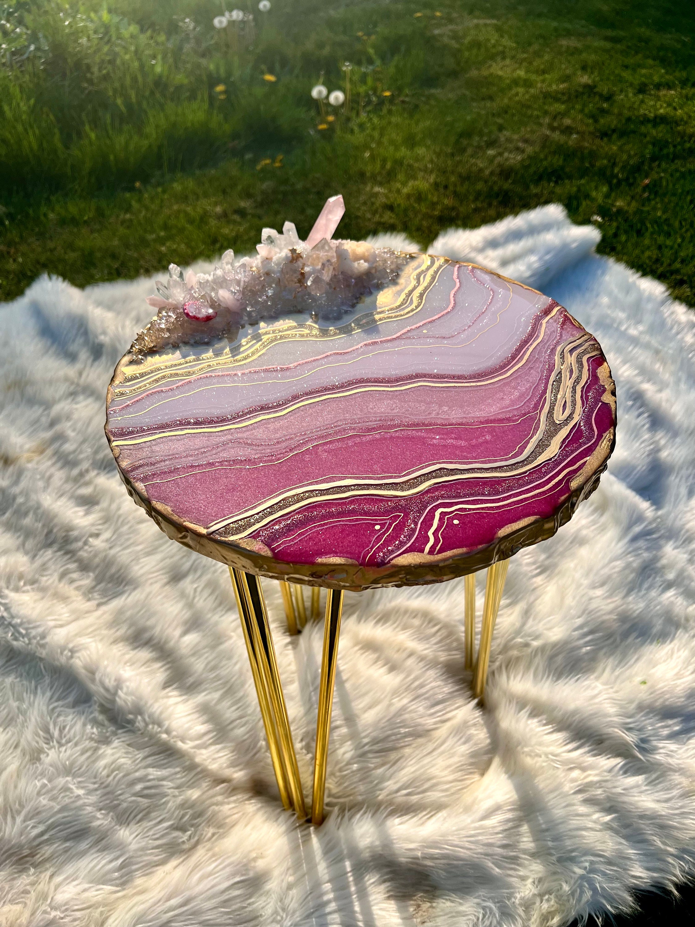 Pink Rose Quartz Geode Side or Coffee Table With Real Crystals