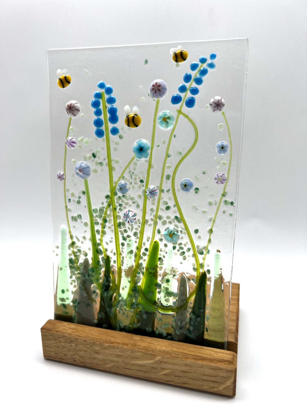 Beautiful Fused Glass Flower Meadow With Blue and Lilac Etsy UK