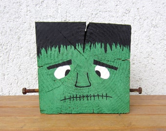 Decorazione di Halloween di Frankenstein in legno, blocco mostro dipinto a mano
