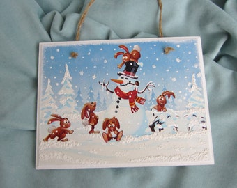 Decoupage Snowman Christmas Wall Panel, Rabbits Winter Sign