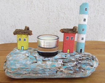 Driftwood Tea Light Holder, Painted Rustic Wooden Candle Holder, Beach Decorations for Office Desk, Candlestick Fishing Huts and Lighthouse