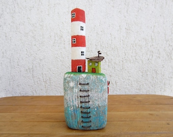 Decorazione da tavolo a forma di faro, piccolo faro rosso in legno, decorazioni marine per ufficio, decorazioni nautiche costiere, casetta in miniatura dipinta