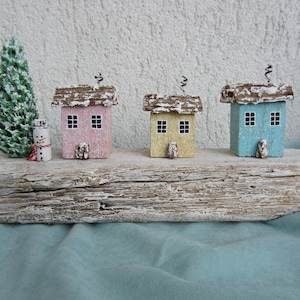 Recycled Wood Christmas Decor, Snowman And Christmas Tree Decorations, Driftwood Christmas Free Standing Ornament, Three Wooden Houses