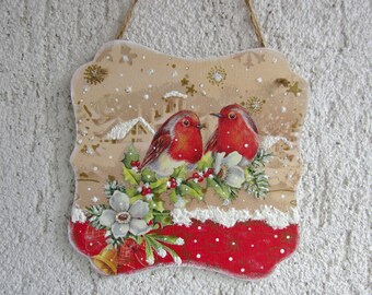 Sparrows Christmas Wall Decor, Winter Decoupage Canvas Plaque