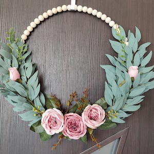 Wooden Bead Rose Wreath, All Year Wreath, Front Door Wreath, Farmhouse Wood Bead Wreath