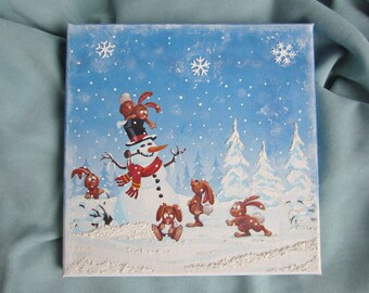 Decoupage Snowman Canvas, Rabbits Winter Scene, Xmas Wall Decor