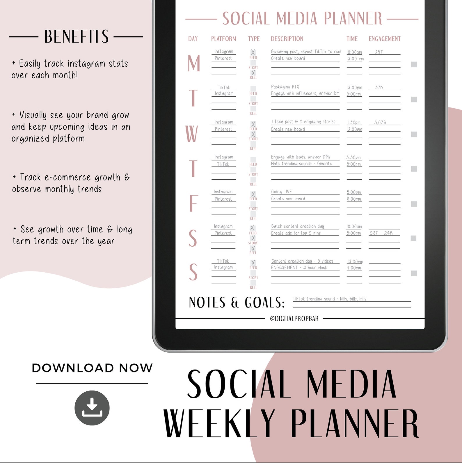 Social Media Weekly Planner Printable Content Calendar SMM | Etsy