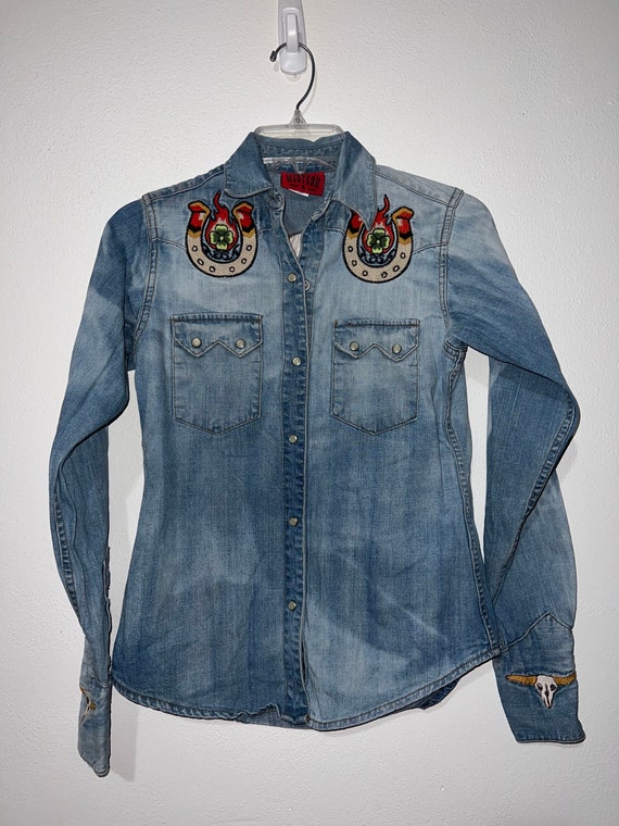 Western denim bank embroidered button up size sma… - image 1