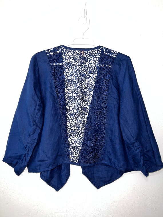Chicos lace open front dark blue linen cardigan si