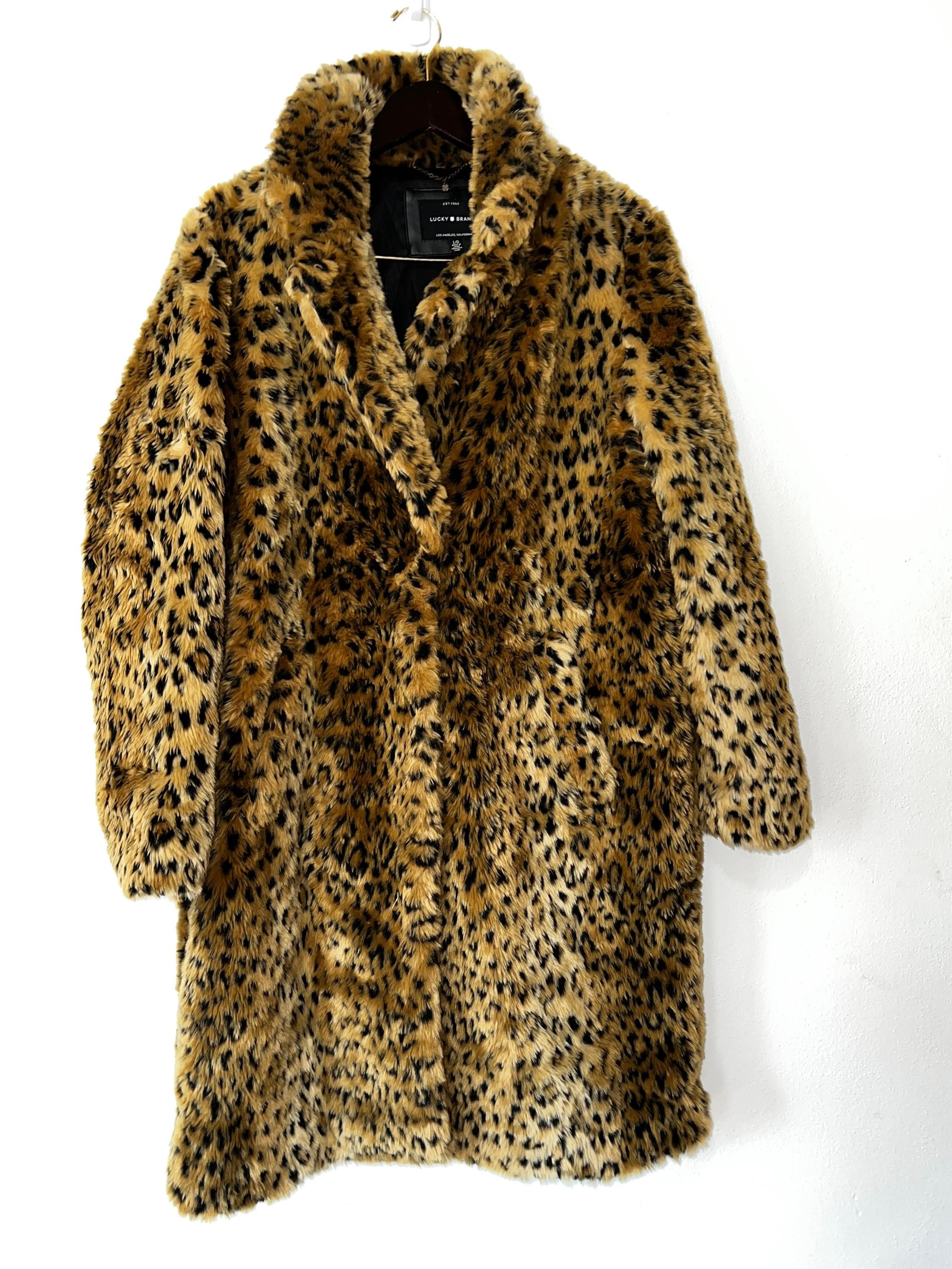 Lucky Brand Faux Fur Long Leopard Animal Print Coat Size Large 