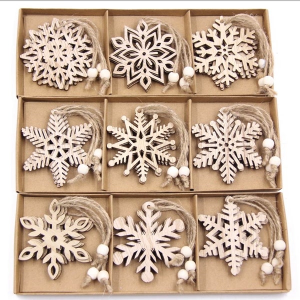 12 Wooden Christmas Tree Decorations - Wooden Hanging Ornaments - Wooden Xmas Tree - Wooden Snowflake Decoration - Baubles