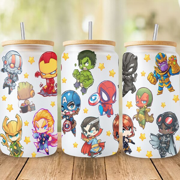 Avengers Tumbler, Comics Tumbler, 16oz Can Glass, Cartoon Comics tumbler,Hero Tumbler wrap Sublimation,Comics sublimation, Can Glass Wrap